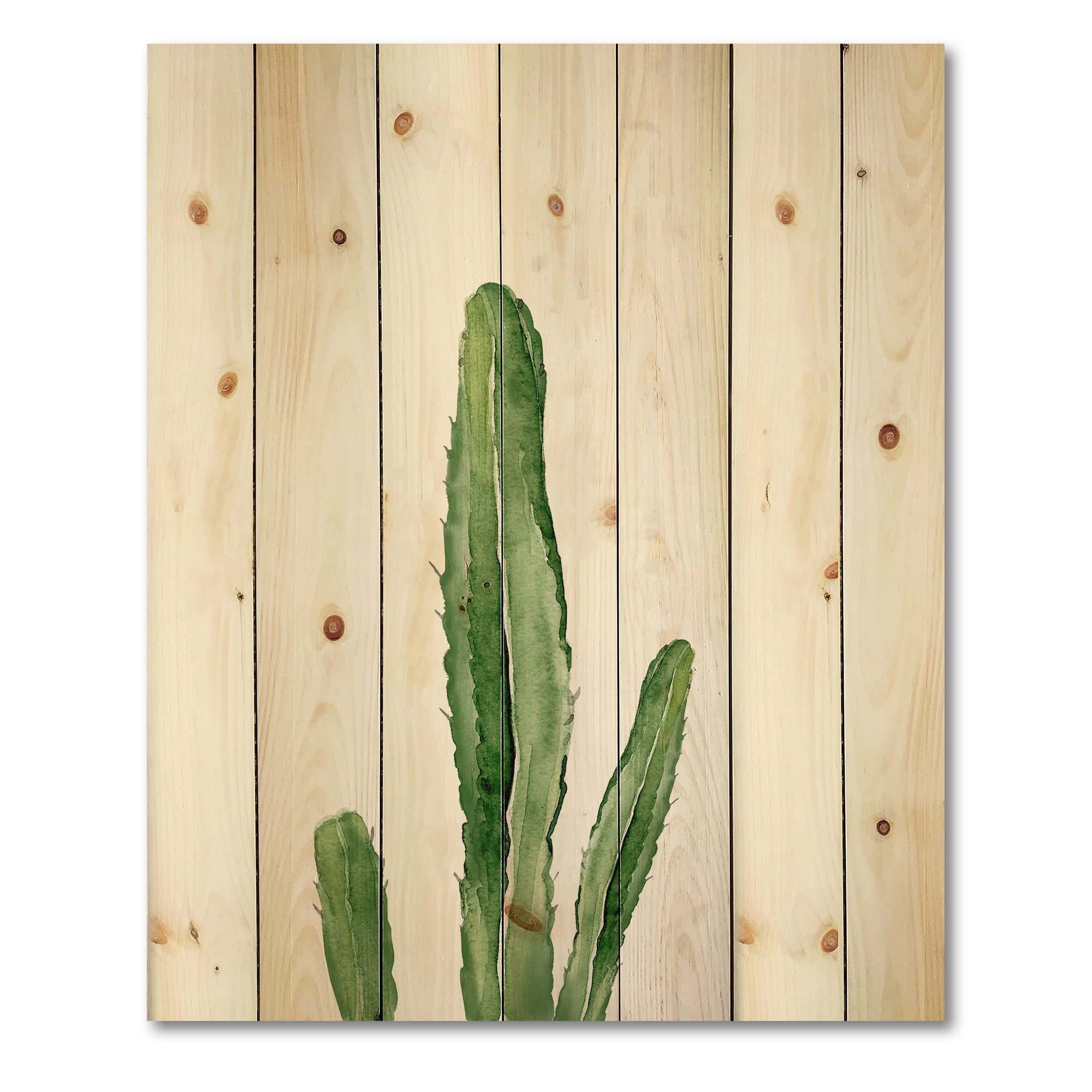 Designart 'Green Cactus South Western Plant' Botanical Print on Natural Pine Wood