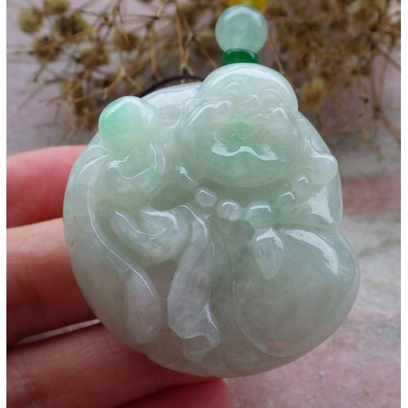 Certified Green Burma 100% Natural A Jade jadeite pendant Happy Buddha God Necklace 662834 TN