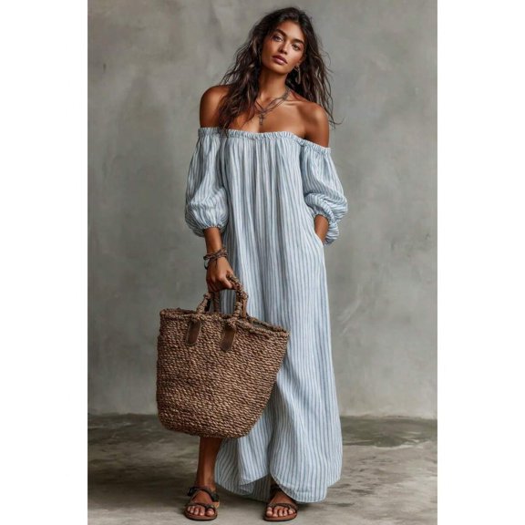 Light Blue Linen-Blend Off Shoulder Maxi Dress With Puff Sleeves, Loose Boho Sundress