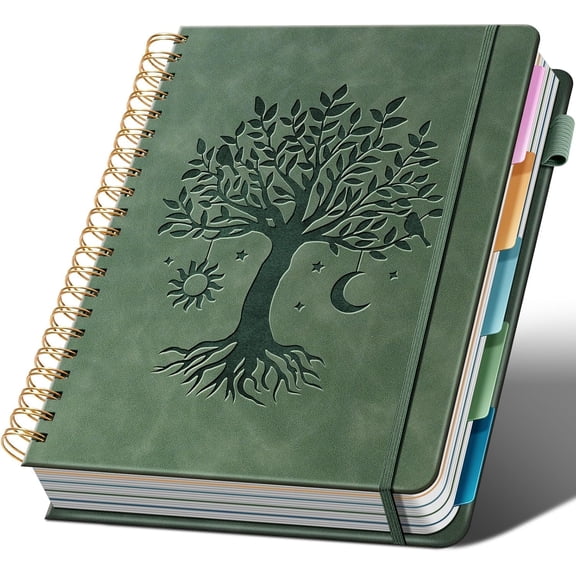 Hardcover Spiral Notebook 8.5" x 11" with 5 Removable Dividers 300 Pages Leather 5 Subject Notebook College Ruled 100GSM Large Spiral Notebooks for Work Thick Lined Journal for Women, Green