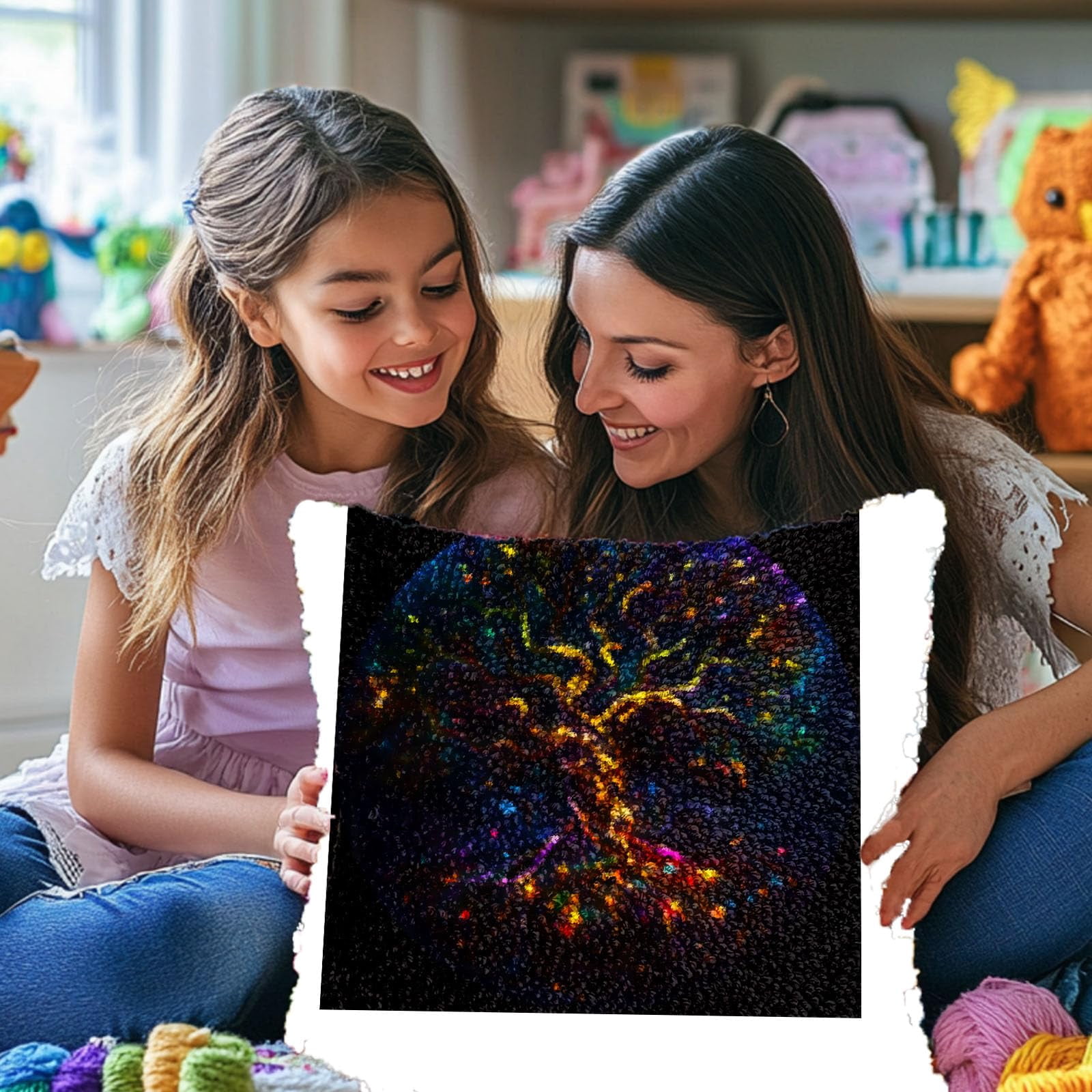 Colorful Tree Shining Sky DIY Latch Hook Pillow Kits for Adults Printed Pillowcase Crochet Yarns Hooking Handmade Pillow Cover Cushion for Home Sofa Decoration 17x17inch(3)
