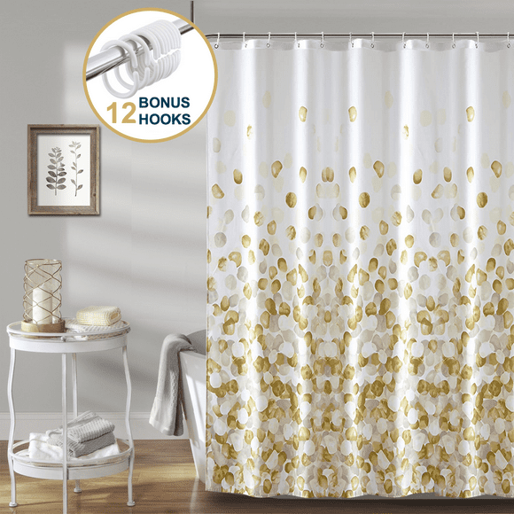 ComfiTime Shower Curtain - Heavy Duty Mildew-Resistant Fabric Bathroom Curtain, Waterproof, Machine-Washable, Weighted Hem, Rose Petal Floral Design, 72" W x 72” H,Gold Yellow