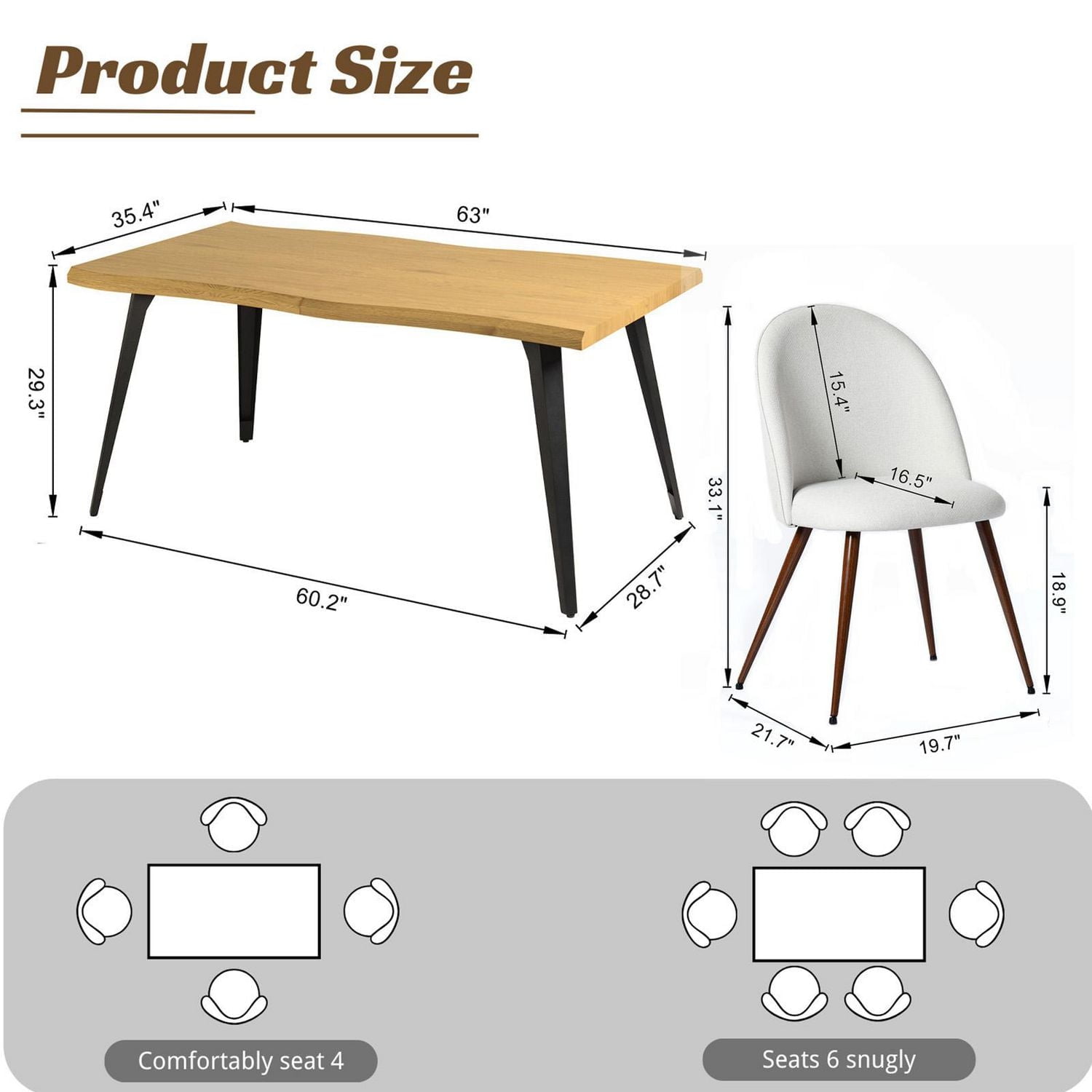 Ensemble table et chaises hautes Homy Casa 160 cm (63 po), plateau de table moderne en imitation bois avec bord ondulé.
