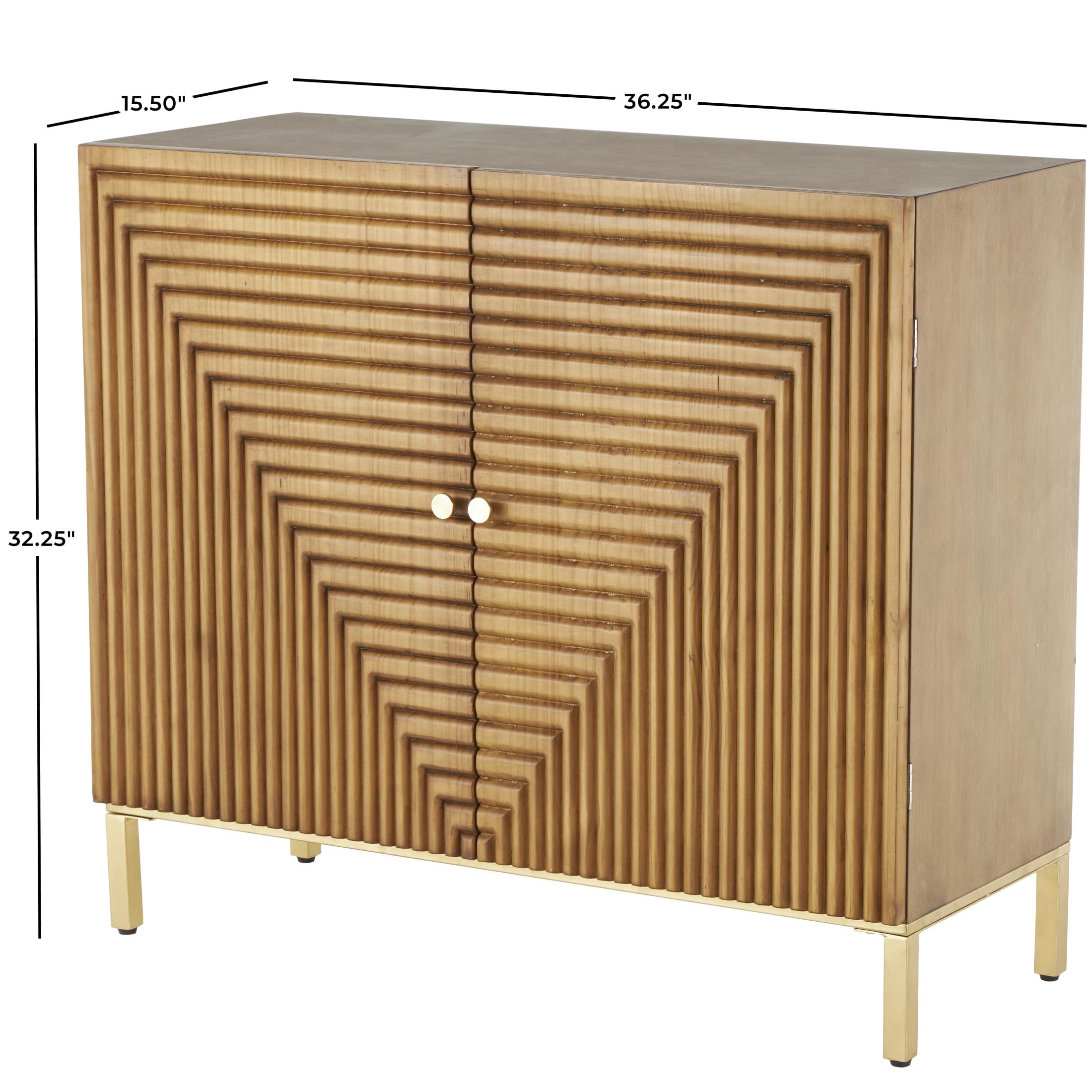 DecMode 36" x 32" Brown Wood Carved Square Geometric Cabinet with Gold Accents, 1-Piece