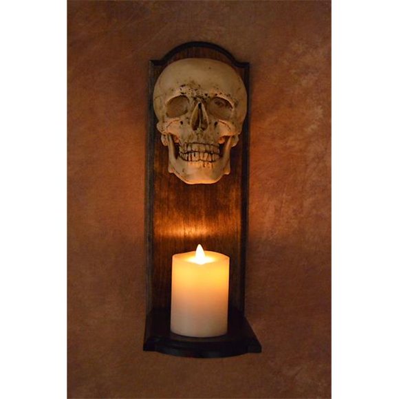 Applique Murale & Crâne au Sommet d'Un Cadre en Bois avec Bougie Blanche Sans Flamme de 4 Po