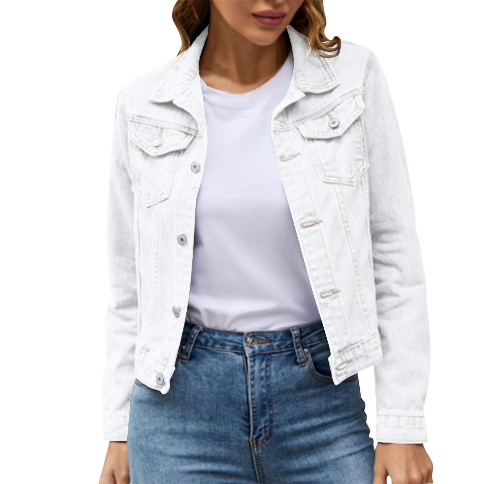 iOPQO womens sweaters Women's Basic Solid Color Button Down Denim Cotton Jacket With Pockets Denim Jacket Coat Women's Denim Jackets White XXL - image 3 of 8