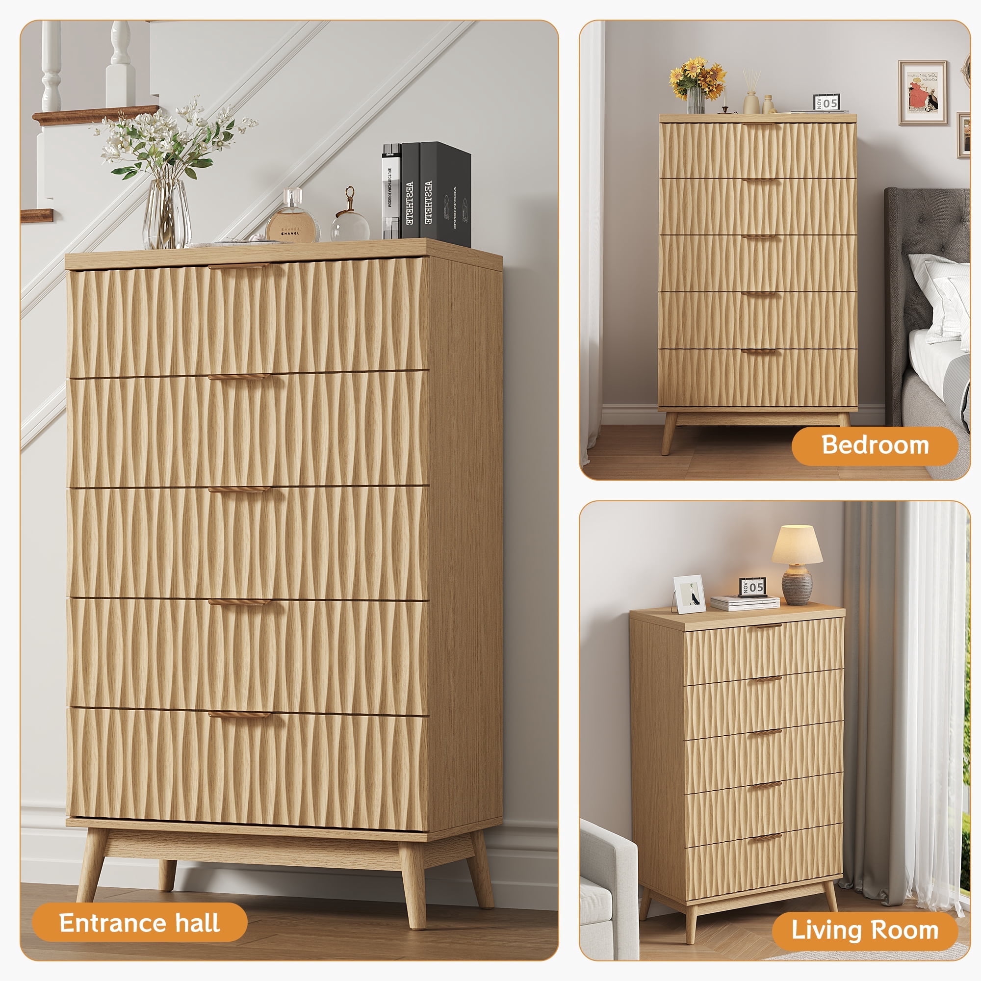 47"H Fluted 5 Drawer Dresser for Bedroom, Modern Chest of Drawers with Metal Handle, Wooden Storage Organizer for Living Room, Hallway