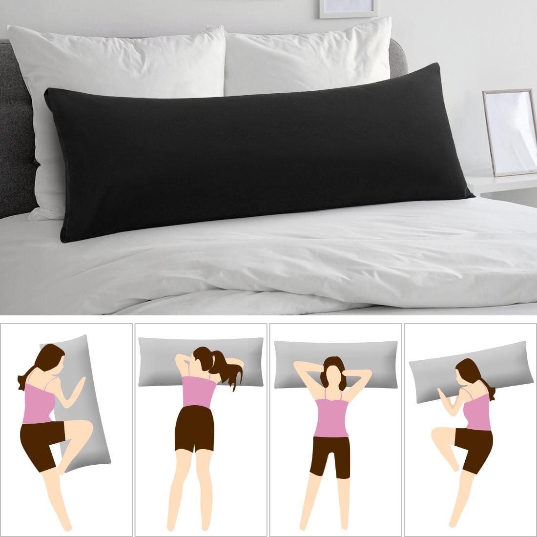 Unique Bargains 2 Packs Microfiber Solid Body Pillow Cover Black 20" x 54"