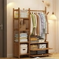 thumbnail image 3 of Colourtree Bamboo Clothing Garment Rack, 5 Tier Clothes Hanging Rack with 2 Drawers & Side Coat Rack, Portable Wardrobe Closet Organizer with 6 Hooks Hat Tree for Bedroom (Natural, 39.4), 3 of 4