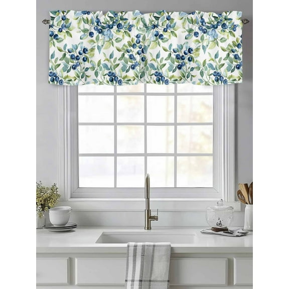 Farm Plant Blueberry Fruit Valances for Windows,Kitchen Valance Rod Pocket Short Curtain,Green Watercolor Leaves Valance Curtain Window Valances for Bedroom Living Room 54"x18"