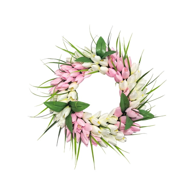 Artificial Tulips Wreath for Spring Home Decor, Durable Plastic Door Hanging, Rattan Wall Hanging Seasonal Ornament