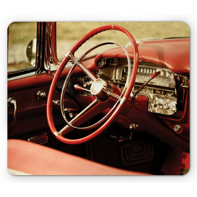 Cars Mouse Pad, Interior of an Antique Classic Aged Car Exquisite Control Board Details Retro Picture, Rectangle Non-Slip Rubber Mousepad, Red Grey, by Ambesonne