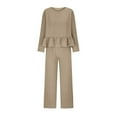 thumbnail image 3 of QUYUON Ladies Linen Pants Sets Women 2 Piece Outfits Long Sleeve Crew Neck Ruffle Crop Tops Lounge Matching Sets Casual Loose Wide Leg Long Pants Tracksuits with Pockets Khaki XL, 3 of 5
