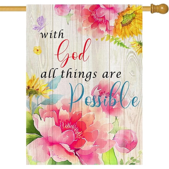 With God All Things Are Possible Spring Summer Floral Garden Flag 28x40 Inch, Double Sided Welcome Garden Flag, Peony flowers Butterfly Outdoor Outside Patio Farmhouse Lawn Yard Decoration