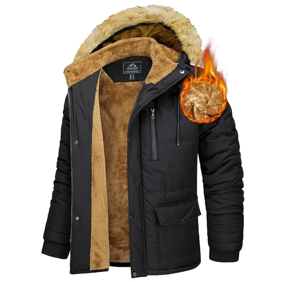 TACVASEN Men's FLeece Lined Jacket with Hood Water Resistant Windproof Warm Thicken Winter Parka Coat with 6 Pockets, Black, L