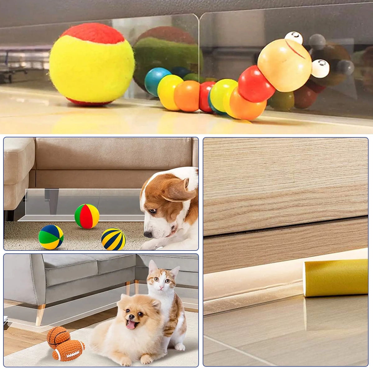 Vensio -8 Pack Under Couch Blocker with Strong Adhesive for Floor Gaps, Clear PVC Gap Bumper to Stop Pets and Toys Under Bed, Adjustable 4.7 Inch Height Toy Guard
