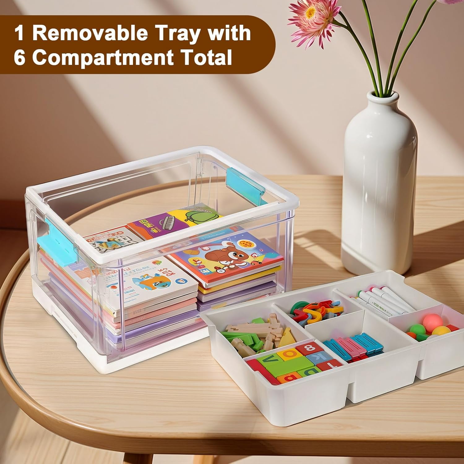 24QT Large Clear Plastic Craft Organizer with Removable Tray & Adjustable Dividers, Foldable Storage Box with Handles for Art Supplies, Toys, Sewing, Books, Crayons, and Medicine