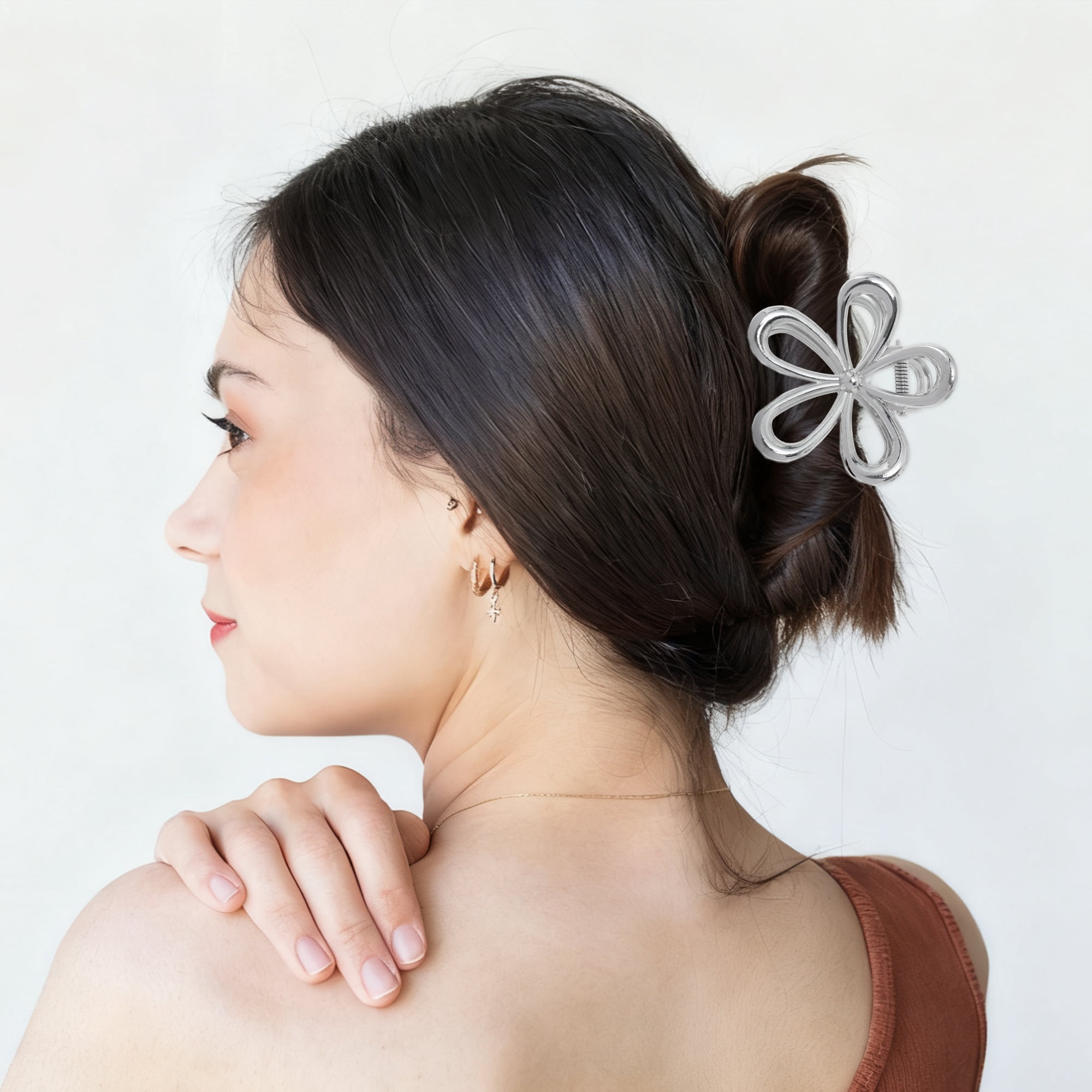 Unique Bargains Cutout Flower Claw Clip Special Occasions Silver Tone