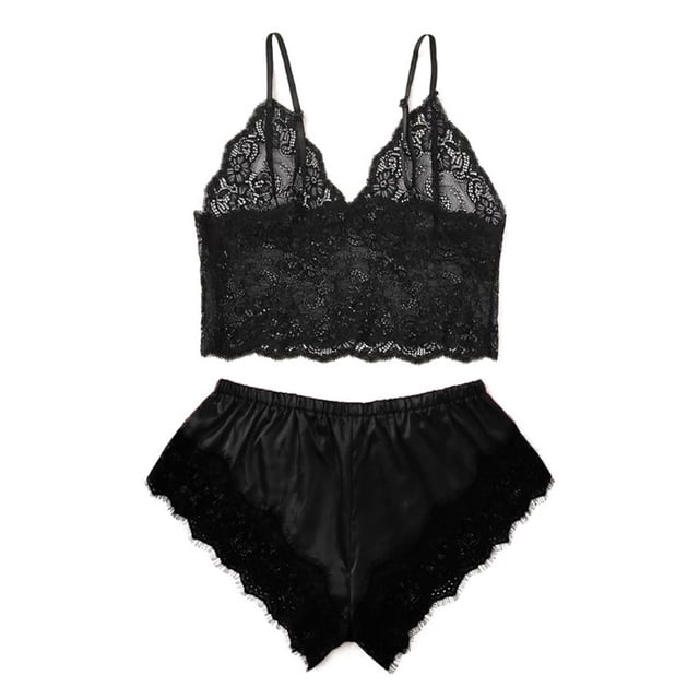 Ensemble de Pyjama pour Femmes en Satin avec Dentelle, Camisole à Col en V et Short à Nœud