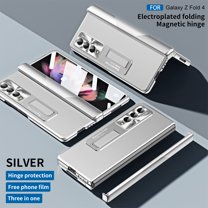 for Samsung Galaxy Z Fold 4 Rugged Case, Plating PC Luxury All-Inclusive Magnetic Hinge Protection for Galaxy Z Fold 4 Case with Built-in Screen Protector & Hidden Kickstand, Silver