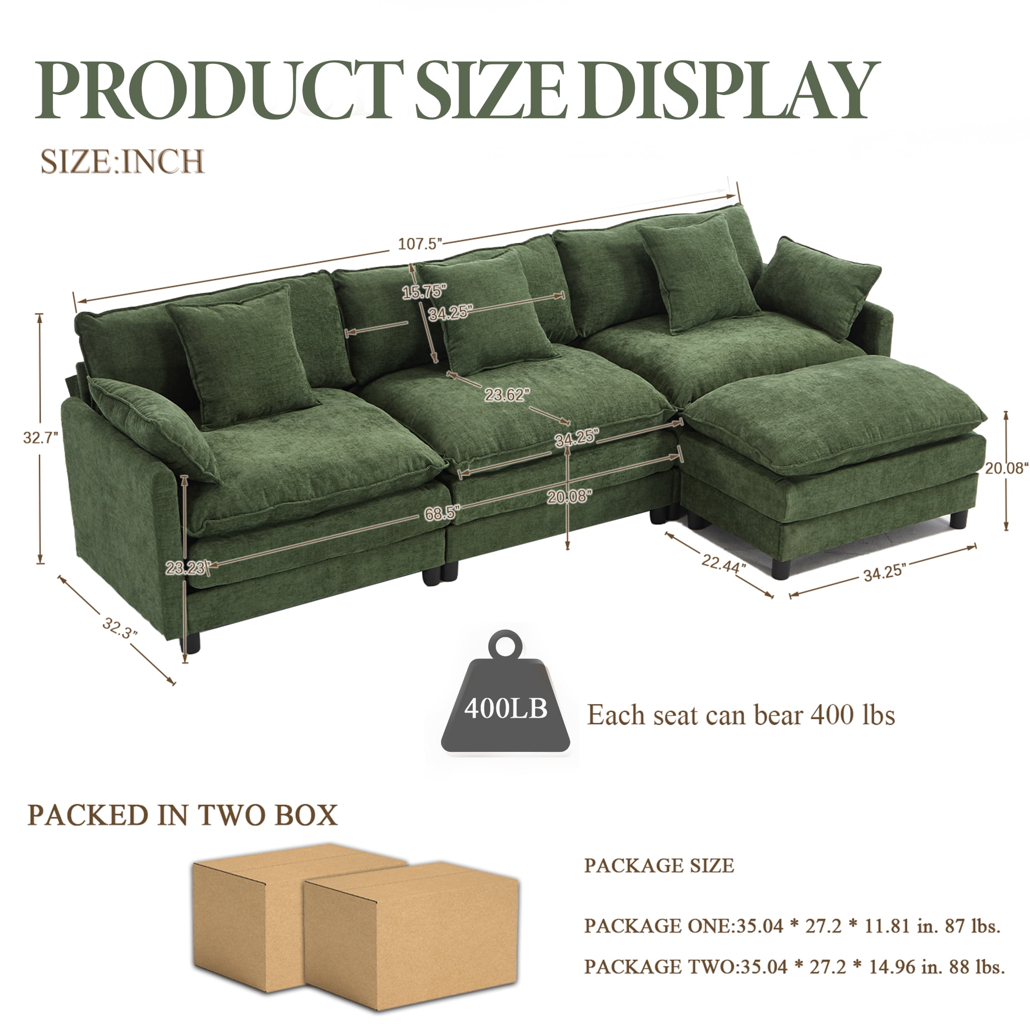 AISWORD 120" L Shaped Modular Sectional Sofa, Cloud Couch with Movable Ottoman, 4 Seat Chenille Deep Seat Sofa with Throw Pillows for Living Room, Green