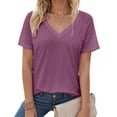 thumbnail image 2 of yueewhu Womens V Neck Short Sleeve Summer T Shirts Curved Hem Plain Top Beach (Purple, M), 2 of 7