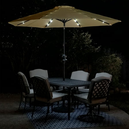 Sun Ray - 9' Round Solar Lighted Umbrella - Taupe