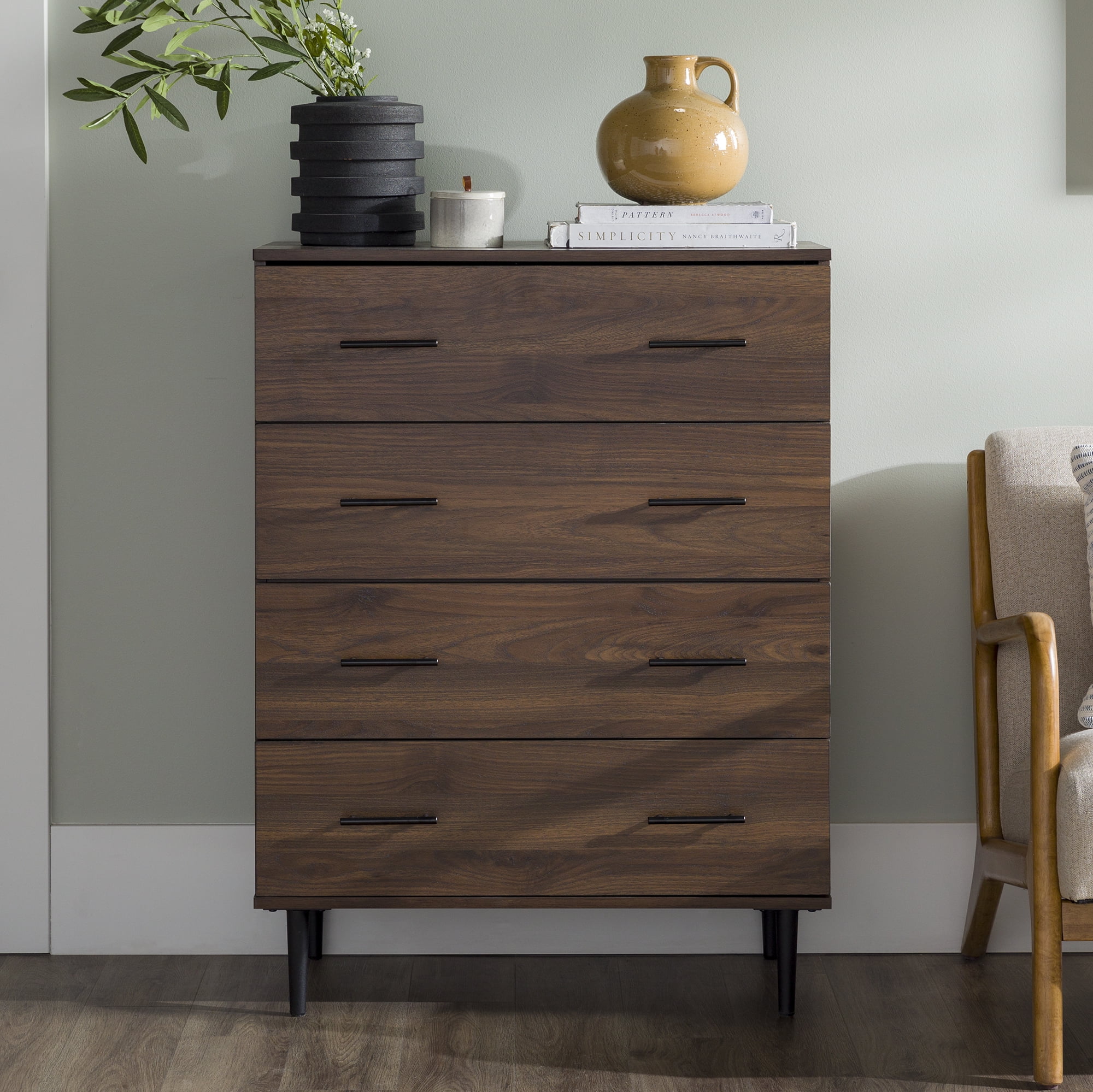 Walker Edison Modern 4 Drawer Vertical Dresser, Dark Walnut