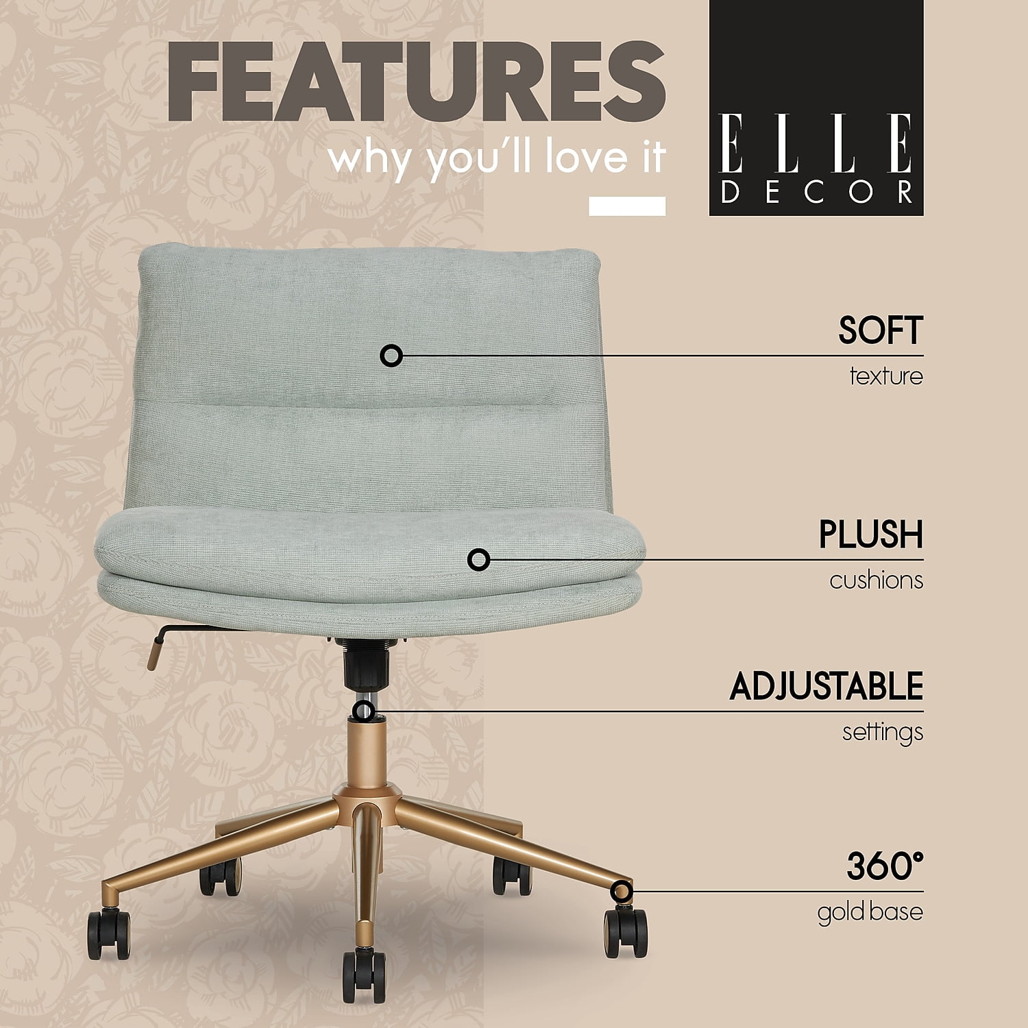 Elle Decor Ariana Criss Cross Armless Ergonomic Fabric Swivel Computer and Desk Chair Mint Blue