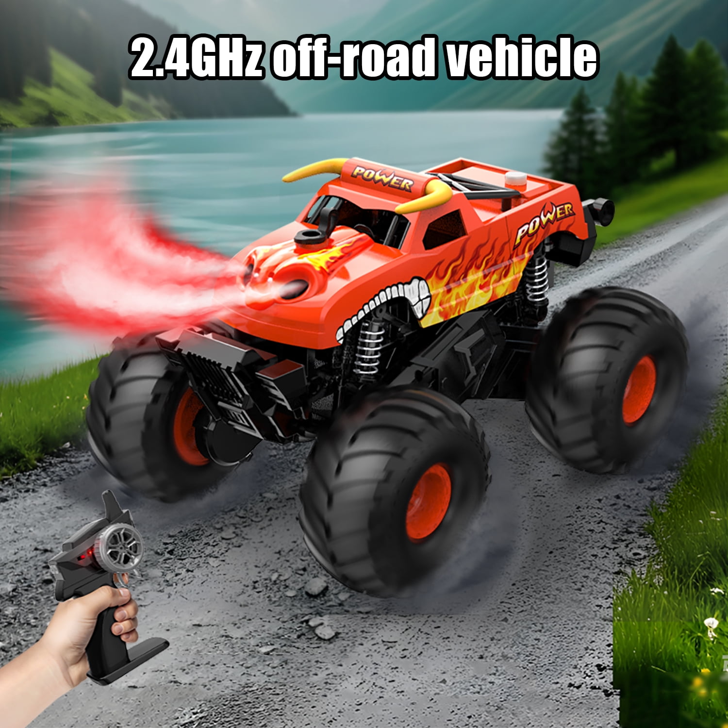 Fistone Amphibious Remote Control Car, 2.4GHz RC Monster Truck with Spray and Light, 4WD All-terrian Off-Road Amphibious Vehicle Toy Gifts for Kids Boys/Girls Age 6+