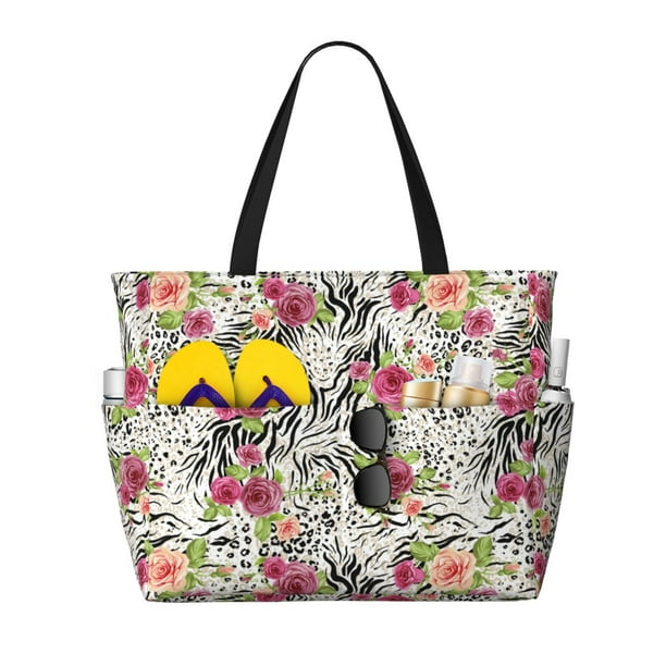 Fotbe Roses Mixed Zebra Bolsa de Viaje para Playa - Resistente al Agua, Bolsa Tote de Gran Capacidad y Ligera con 7 Bolsillos para Mujeres y Hombres