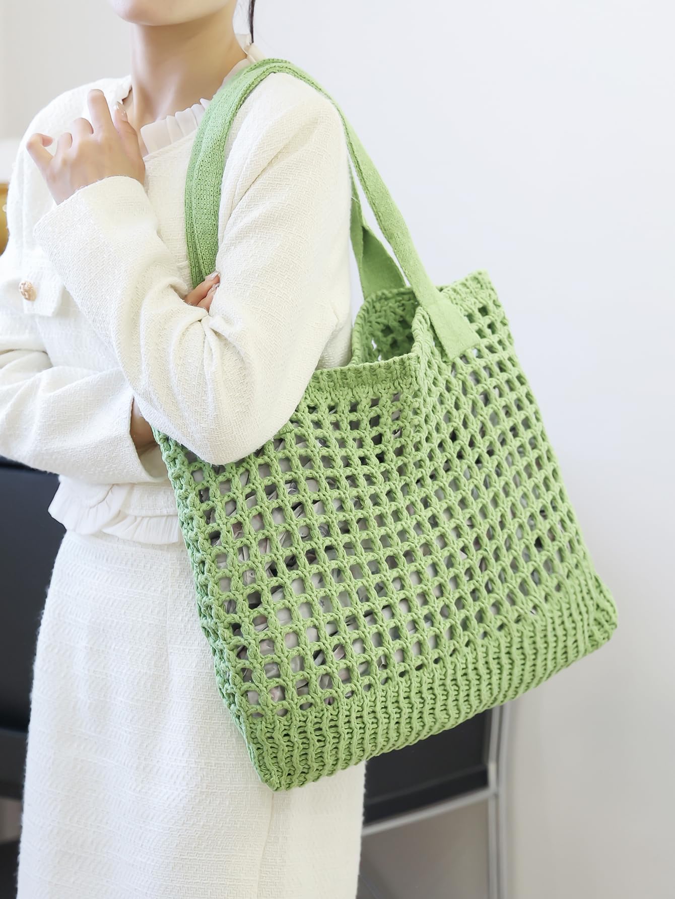 Women's Beach Tote Bag, Crocheted Knit Hollow Design, Stylish & Spacious Tote for Beach,Travel,and Everyday Use,Cute Aesthetic Summer Handbag(khaki)