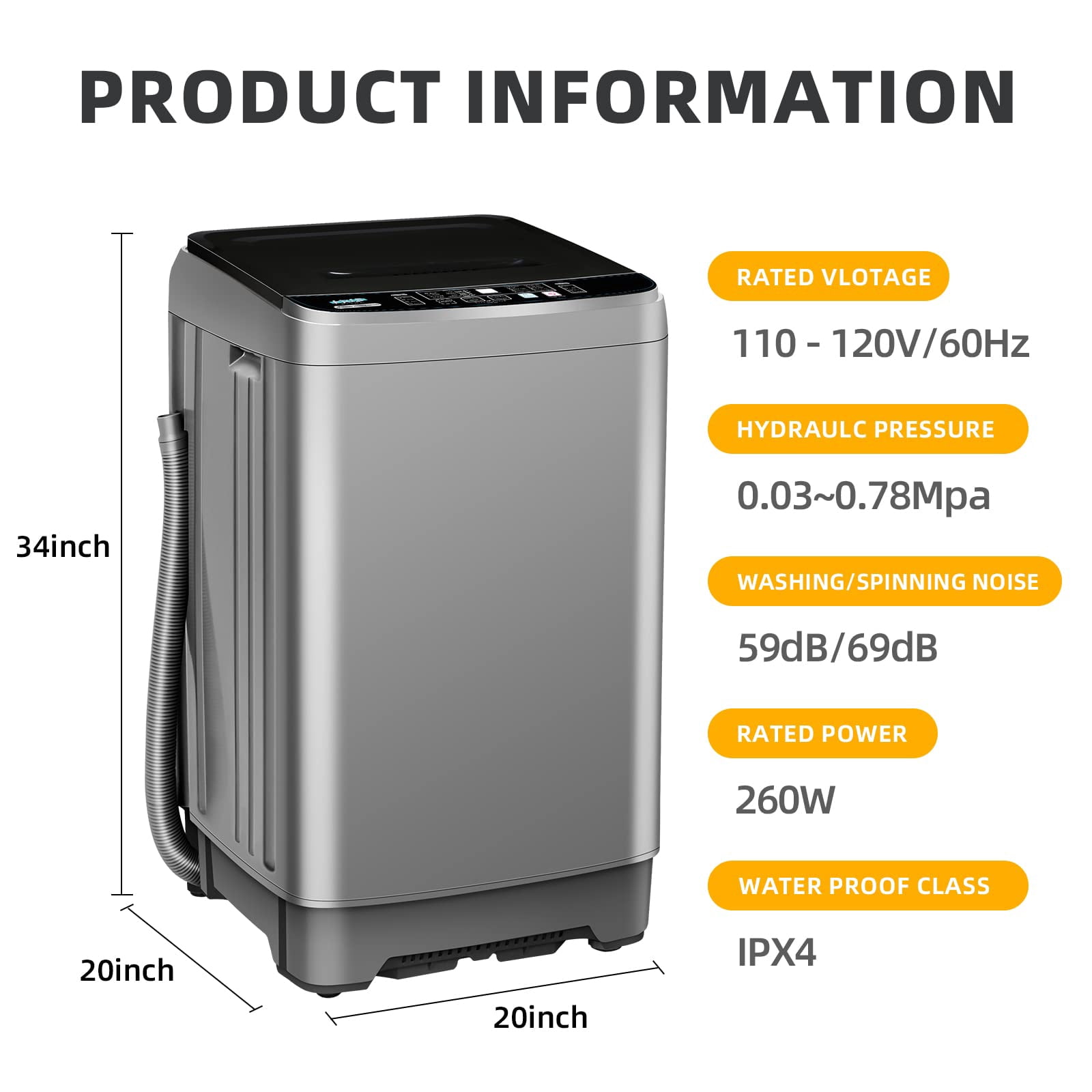 Portable Washing Machine 2.0 Cu.Ft. Full-Automatic Compact Washer Machine for Apartment, 10 Wash Program Small Portable Washer for Dorm, Apartment, RV, Home, Silver
