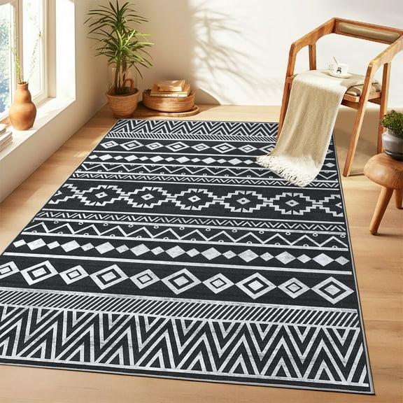 Senfot 8x10 Area Rugs , Washable Living Room Rug for Kitchen Bedroom Rug, Large Area Rugs Non Slip Boho Geometric Indoor Floor Carpet for Home Office Black