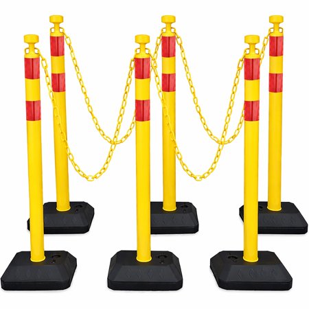 BESEA 6Pack Crowd Control Barriers with Plastic Chains 40" Yellow Stanchion Posts with Reflective Bands, 6.6 FT Chain Fillable Water/Sand Base Queue Line Barrier for Parking Events & Safety Zones