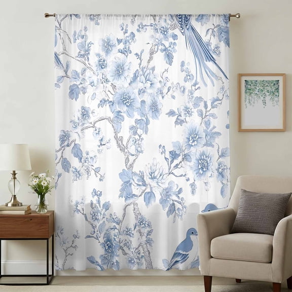 Light Blue Flowers Sheer Curtains 54 Inches Long, Spring Summer Floral Birds Light Filering Curtains, Breathable Simi Curtain Privacy Drapes for Kitchen Bathroom Lightweight Small Window Treatment