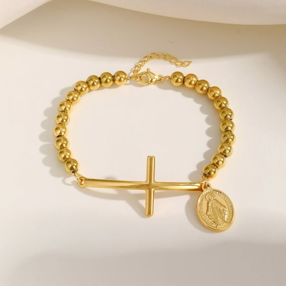 Saint Benedict Cross Bracelets,14K Yellow Gold Bead Chain Stretch Strand Bracelets For Women Men,Religion Jewelry Christ