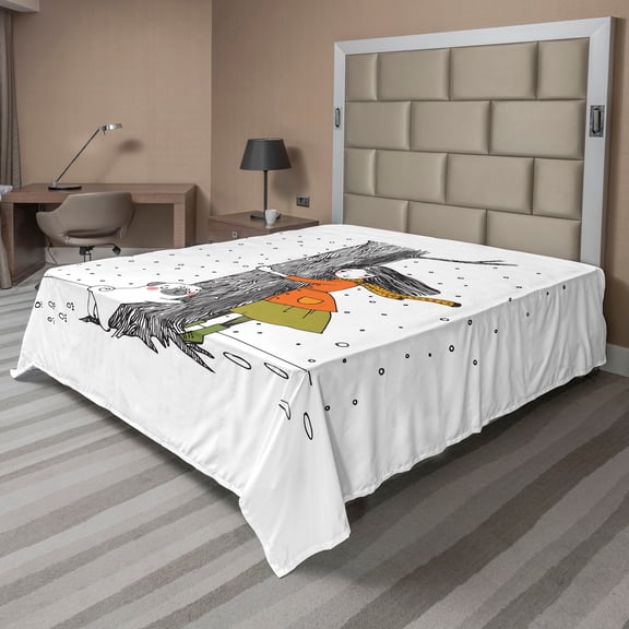 Ambesonne Tree Flat Sheet, Cartoon Pug Hugging a Tree, Full Size, Multicolor