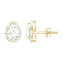 Rosec Jewels Pear Shape Moissanite Halo Stud Earrings - D Color VS1 Clarity, 10K Yellow Gold