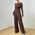 thumbnail image 2 of jtjvou Womens 2 Piece Fall 2025 Outfit Long Sleeve Round Neck Top and Drawstring Wide Leg Pants Lounge Set Tracksuit Brown XXL, 2 of 5