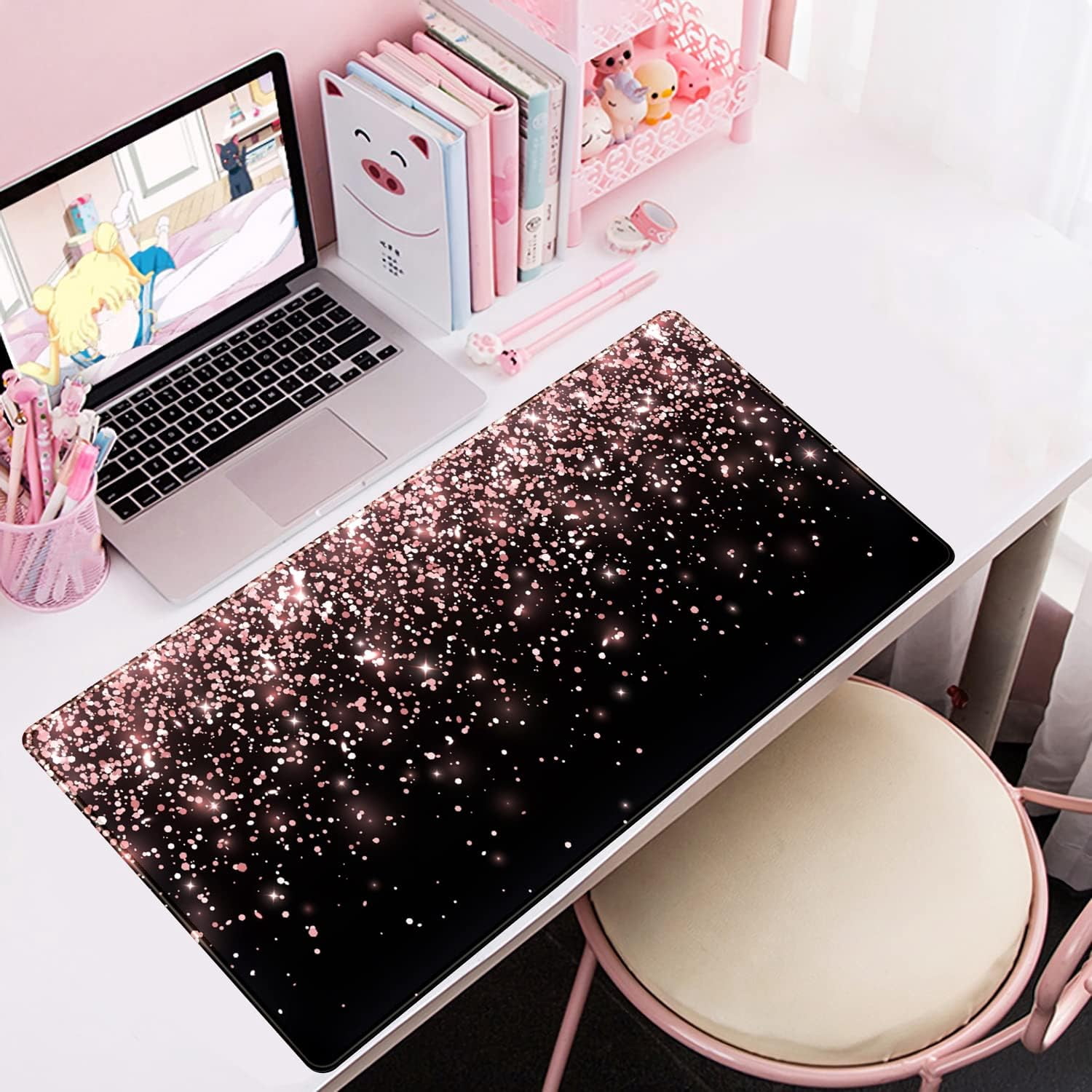 Rose Gold Glitter Black Desk Mat Extended Mouse Pad XXL Office Desk 31.5x15.7 in Accessories for Women Girl Gamer Full Desk Large Gaming XXL Mousepad Laptop Computers Keyboard Office Mouse Mat