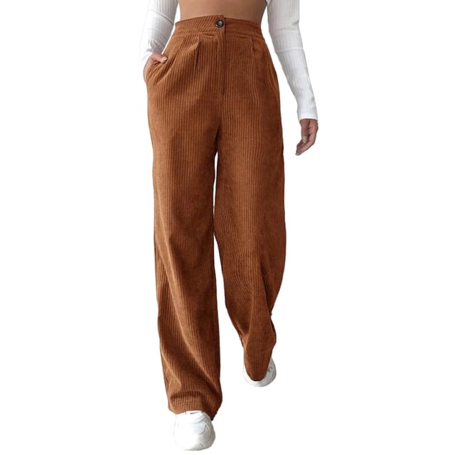 Pantalones sueltos de mujer cintura alta Color puro cierre de botón pantalones largos rectos para mujer naranja M