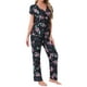 thumbnail image 4 of Pijamas para mujeres INSPIRE CHIC, camiseta de cuello en V de manga corta con pantalones de tiro ajustable, conjuntos de lounge impresos con bolsillos, L negro floral, 4 of 5