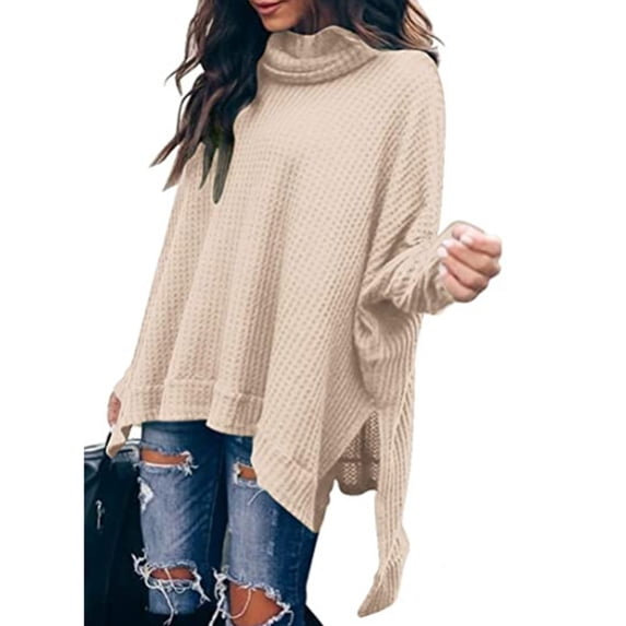 Powerdelux Women Turtleneck Batwing Sleeve High Low Hem Side Slit Waffle Knit Casual Loose Oversized Sweater Tunic