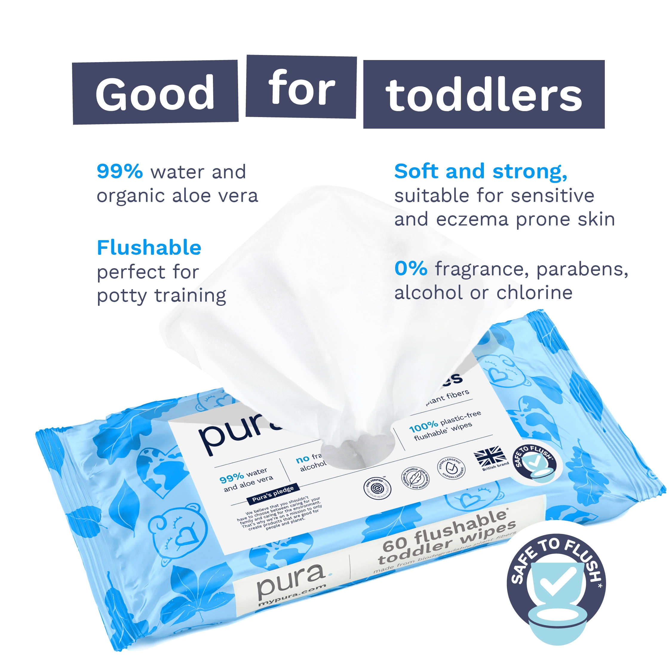 Pura Flushable Toddler Wipes Fragrance Free EWG Verified Plastic Free , 600ct (Choose Your Count)