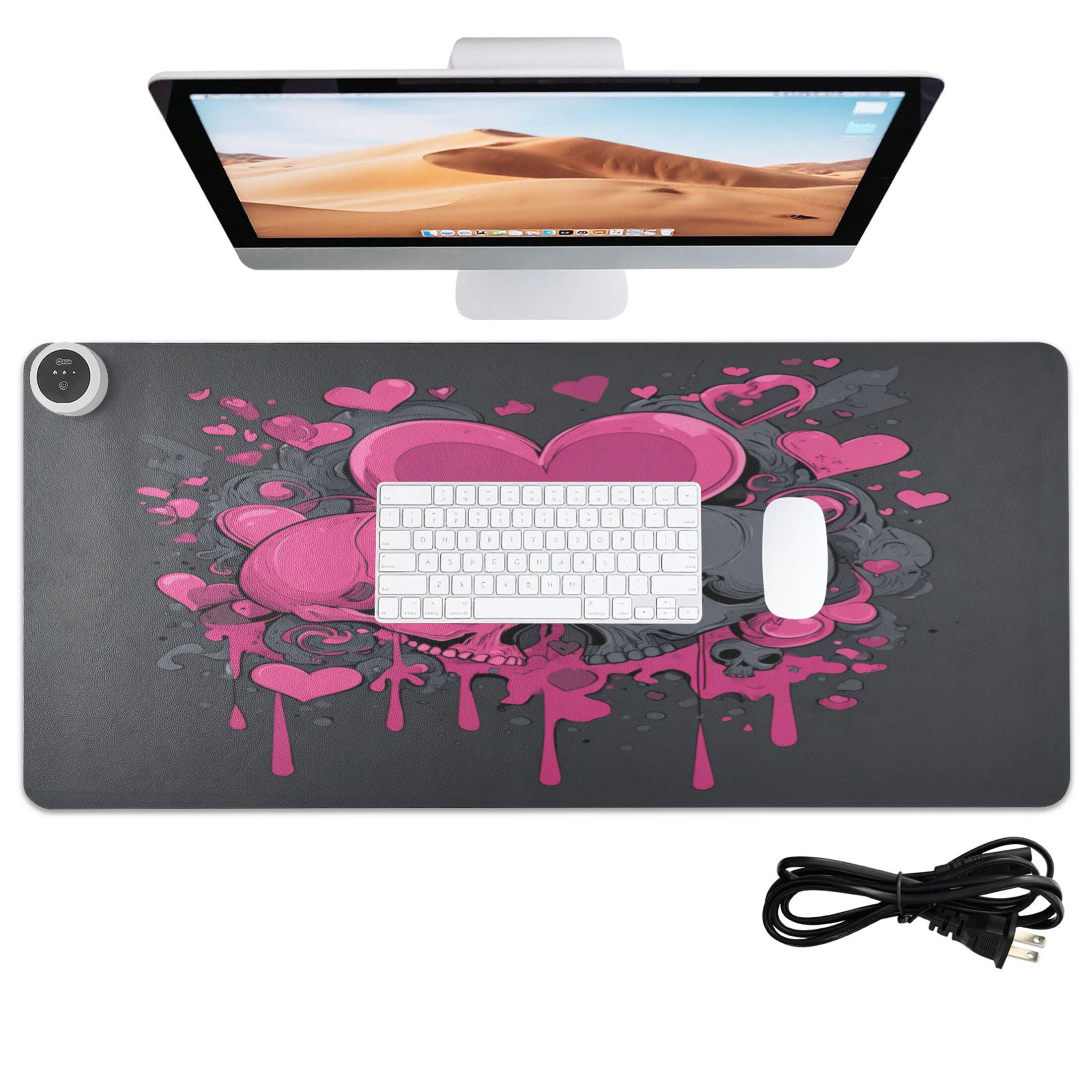Large Heated Desk Mat Mouse Pad 31.5"x13"PU Leather Graphene Heating Desk Warmer with 3 Temperature Settings 110V US Plug Non-Slip Warm Pad for Home, Office, and Gaming Pink Hearts and Black Skulls