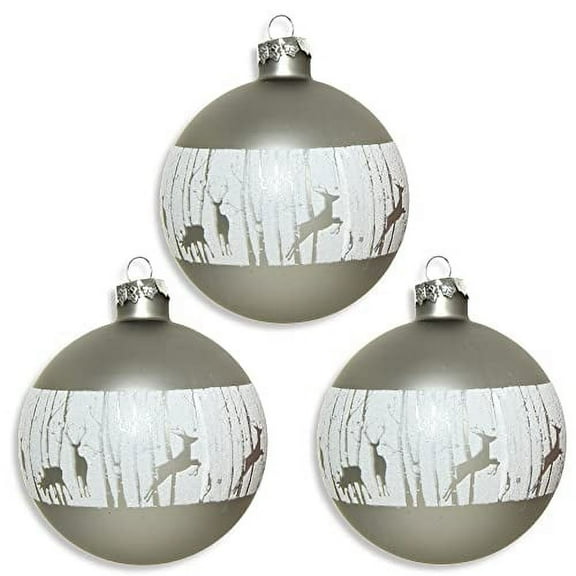 Snowy Deer Blown Glass Ornaments - Set of 3 Matte Silver Ball Decorations