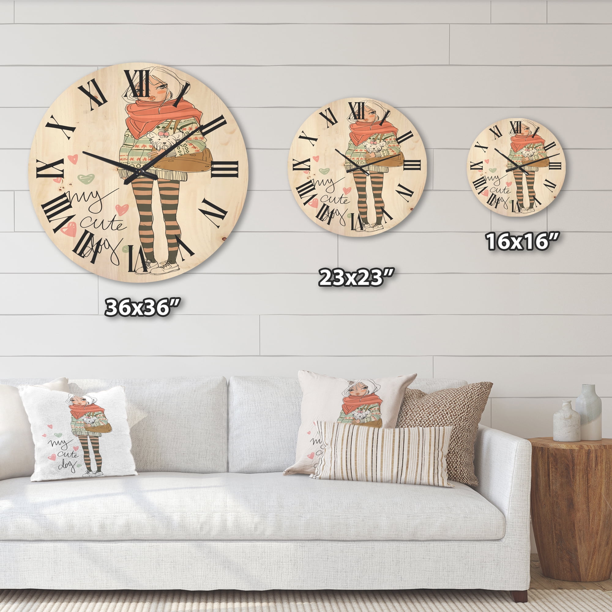 Designart 'My Cute Dog Cute Girl With Dog' Shabby Chic Wood Wall Clock