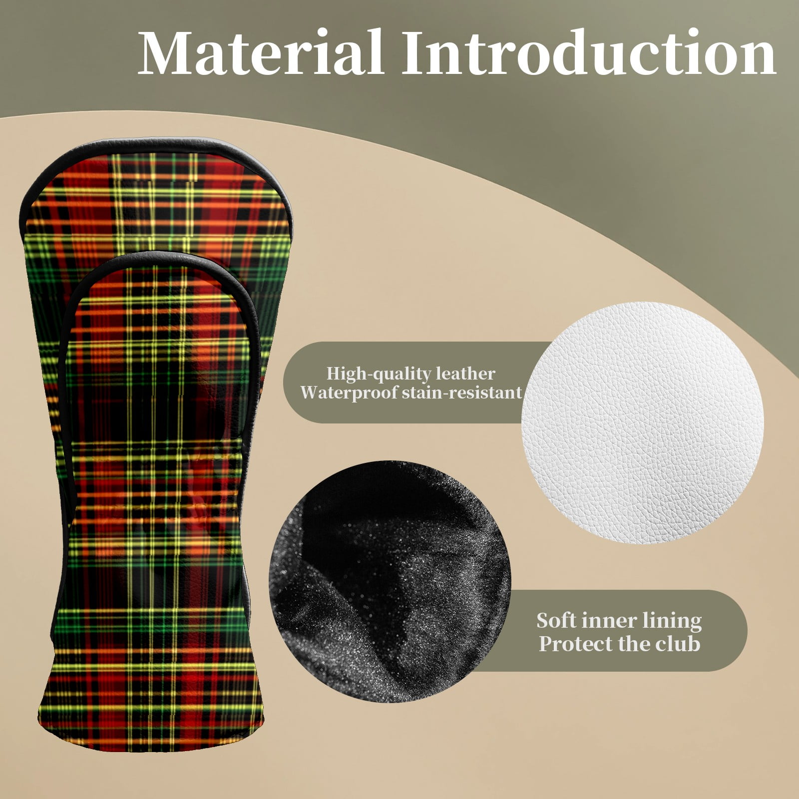 Golf Head Covers for Woods and Driver Waterproof Leather Golf Club Head Covers for Women Men Golf Driver Fairway Wood Headcover Red-Green Plaid Pattern