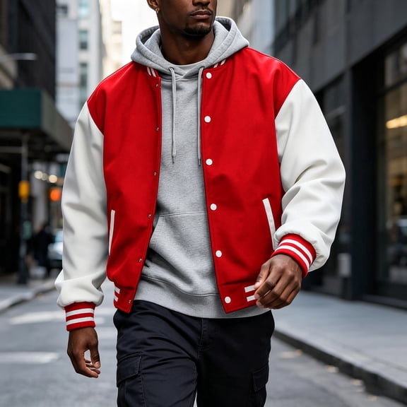 Varsity Bomber Jacket Men Color Block Snap Front Coat Ribbed Collar Cuffs Hem for Casual Party Sports Daily